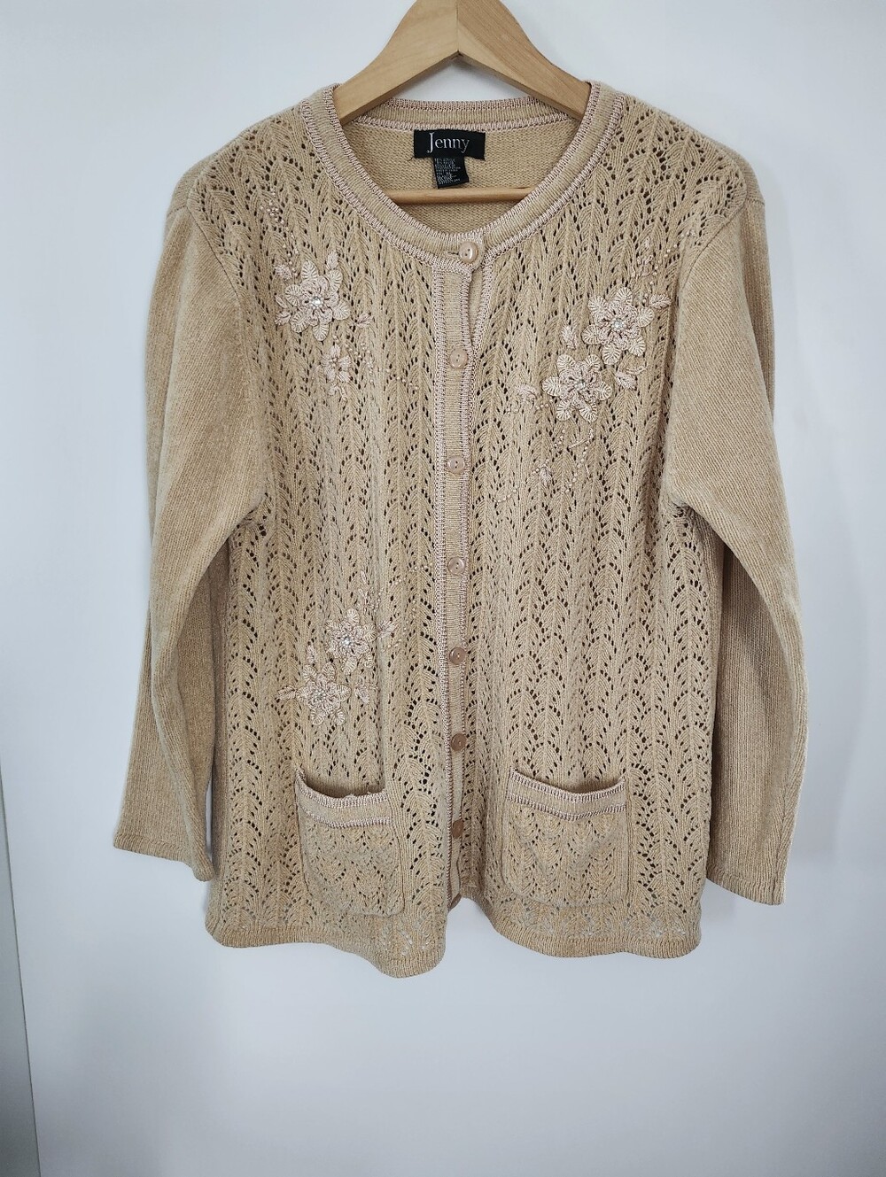 ​Vintage Beige Beaded Floral Knit Sweater Cardigan XL Cottagecore Grandmacore